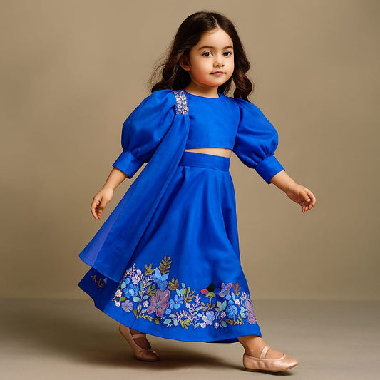 Pre Order: Blue Stylish Round Neck Top With Palazzo And Dupatta