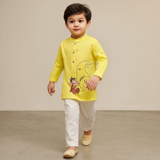 Pre Order: Ganesh Thread Embroidered Yellow Kurta And White Pyjama