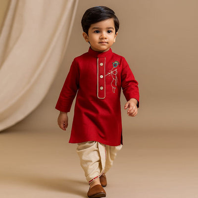 Pre Order: Krishna Embroidered Red Kurta And Dhoti