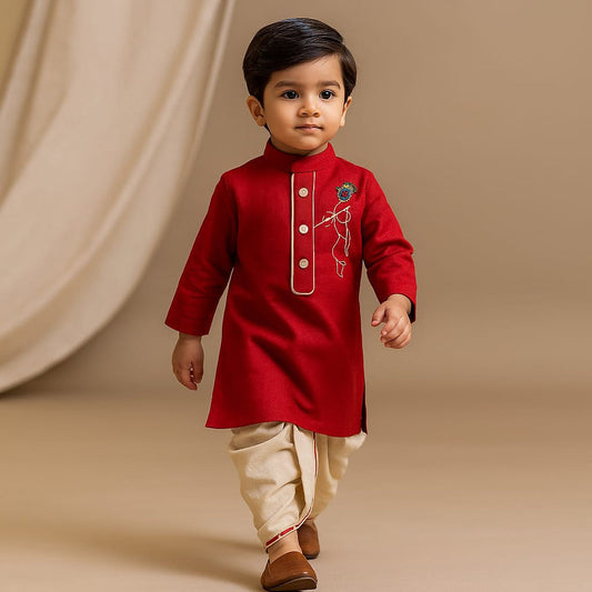RTD Pre Order: Krishna Embroidered Red Kurta And Dhoti