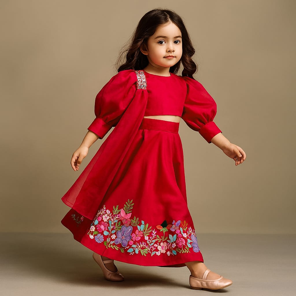 Pre Order: Red Stylish Round Neck Top With Palazzo And Dupatta