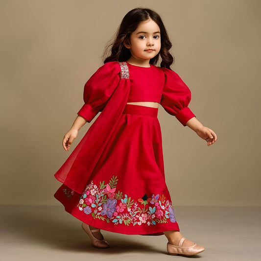 Pre Order: Red Stylish Round Neck Top With Palazzo And Dupatta