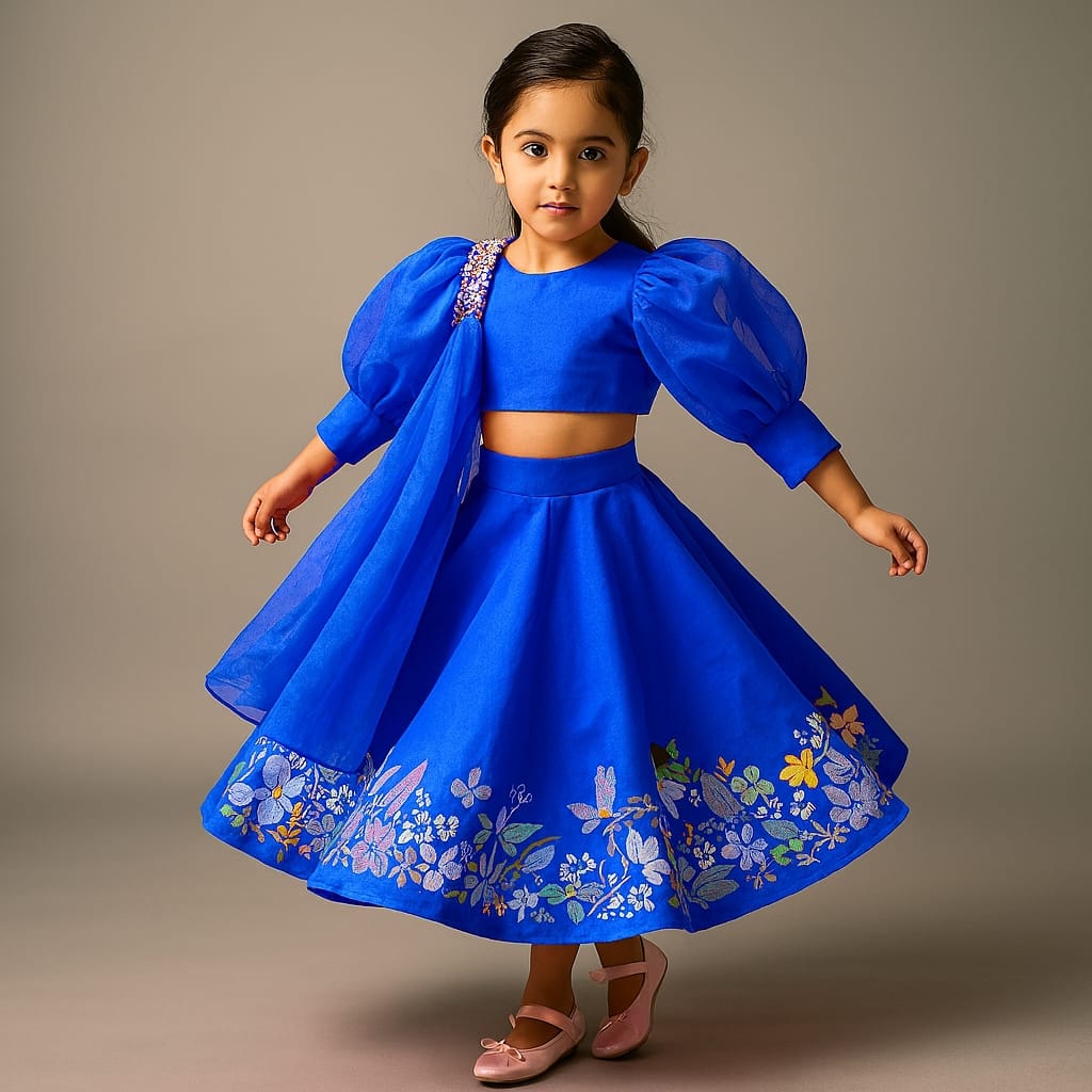 Pre Order: Blue Stylish Round Neck Top With Skirt And Dupatta