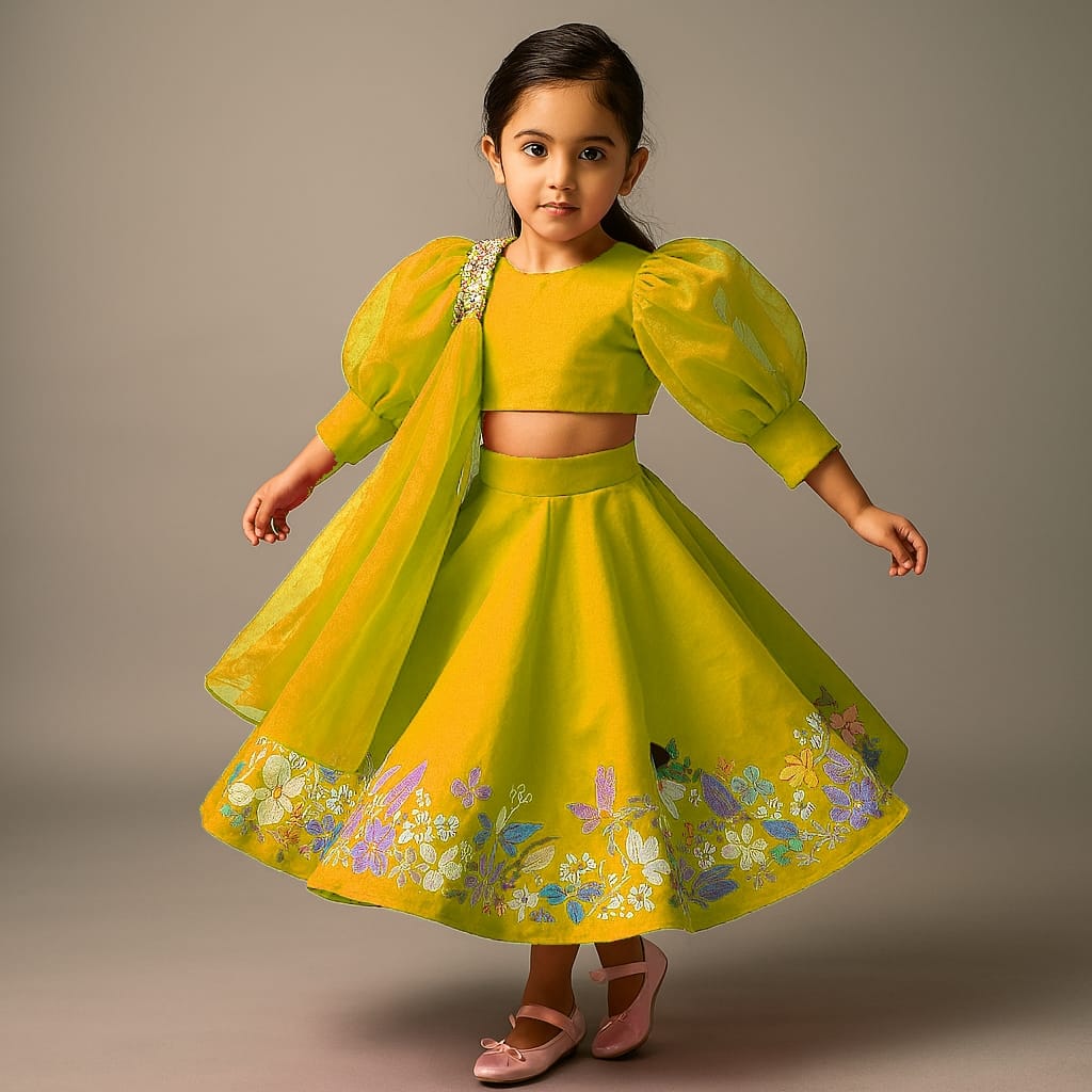 Pre Order: Olive Stylish Round Neck Top With Skirt And Dupatta
