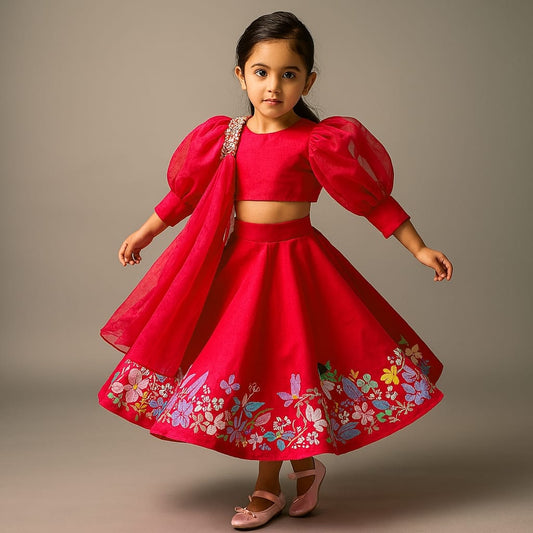 Pre Order: Red Stylish Round Neck Top With Skirt And Dupatta