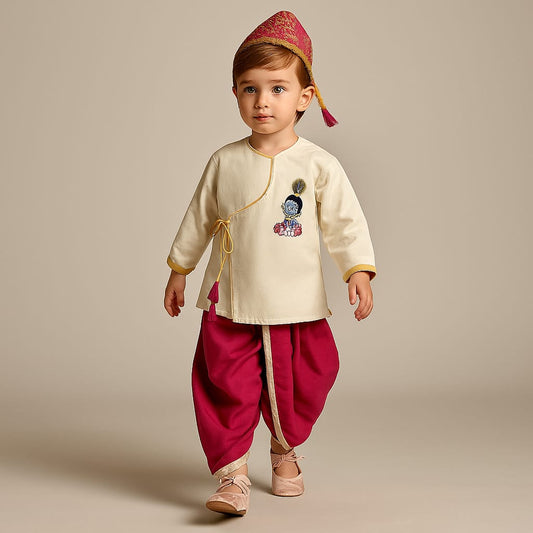 Pre Order: Krishna Embroidered Angrakha Style Kurta With Lace Work Dhoti