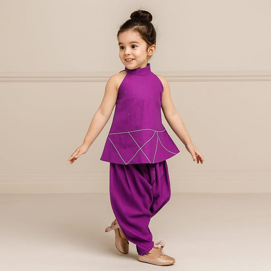 Pre Order: Brinjal Halter Neck Red Short Kurti And Tulip Dhoti Pant