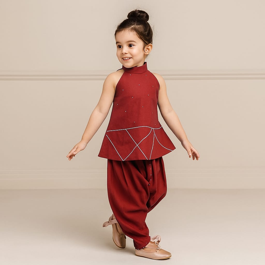 Maroon Halter Neck Red Short Kurti And Tulip Dhoti Pant
