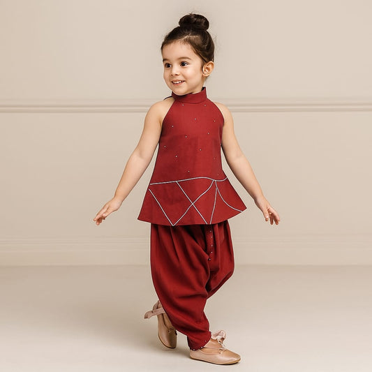 Maroon Halter Neck Red Short Kurti And Tulip Dhoti Pant