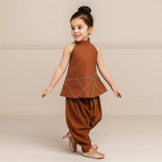 Pre Order: Brown Halter Neck Red Short Kurti And Tulip Dhoti Pant