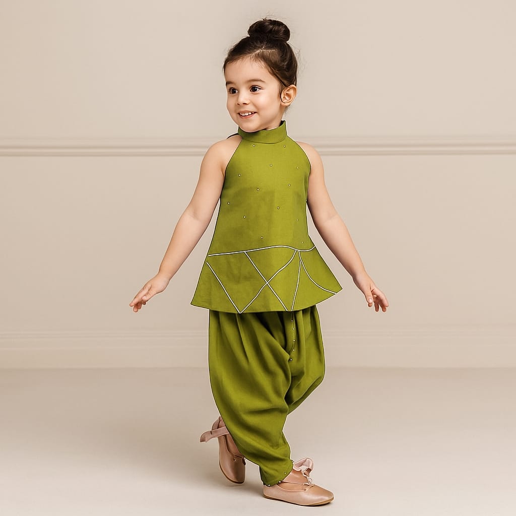 Pre Order: Greenish Yellow Halter Neck Red Short Kurti And Tulip Dhoti Pant