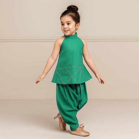 Pre Order: Rama Halter Neck Red Short Kurti And Tulip Dhoti Pant