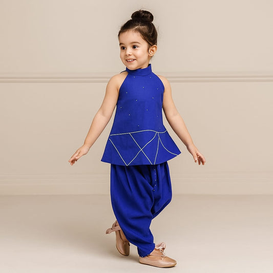 Pre Order: Royal Blue Halter Neck Red Short Kurti And Tulip Dhoti Pant