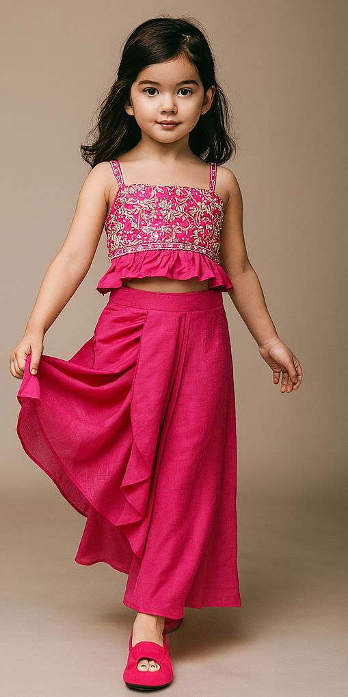 Pre Order: Floral Embroidery Top With Dhoti Style Skirt