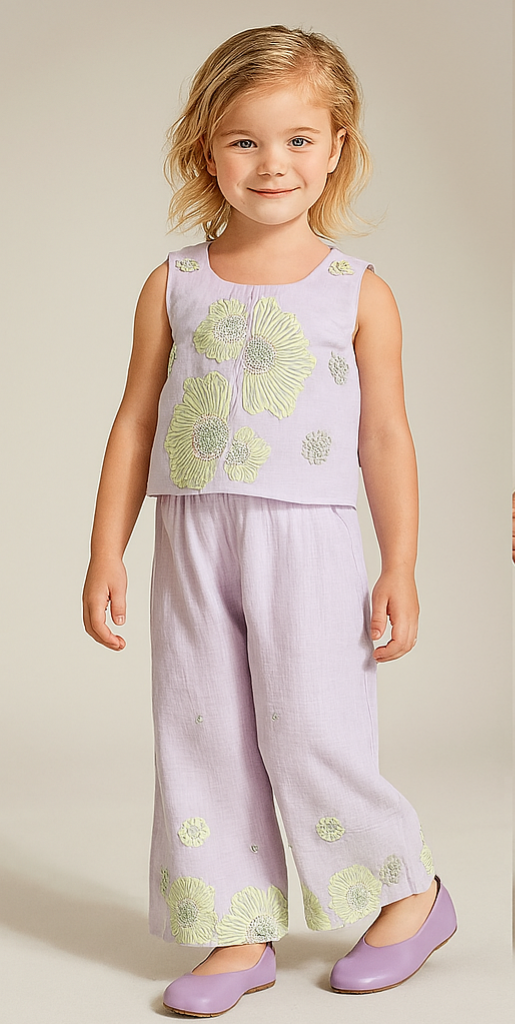 Pre Order: Sequined And Thread Floral Embroidered Lilac Top With Palazzo