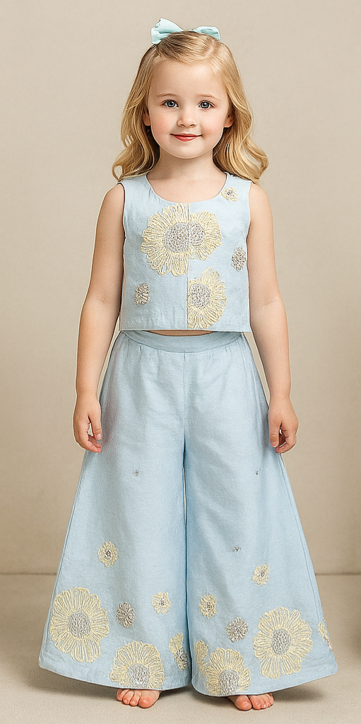 Pre Order: Powder Blue Sequined And Thread Floral Embroidered Lilac Top With Palazzo