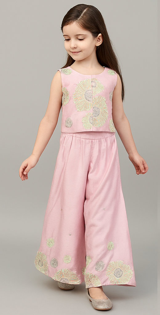 Pre Order: Pastel Pink Sequined And Thread Floral Embroidered Lilac Top With Palazzo