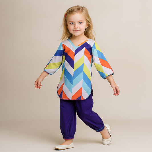 Pre Order: Pom Pom Lace Detail Stylish Hem Multicolour Kurti And Purple Patiala