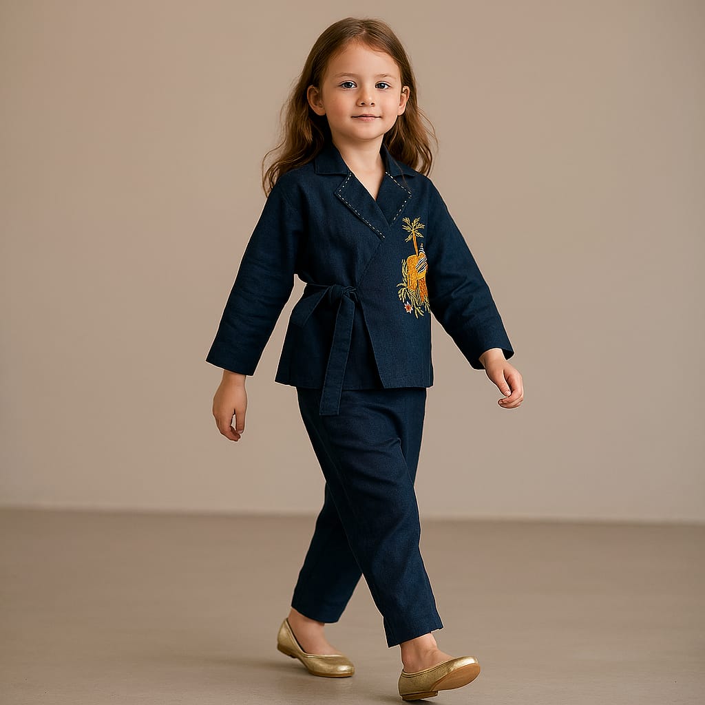 Pre Order: Animal Embroidered Front Overlap Shirt With Tie-Ups And Pant