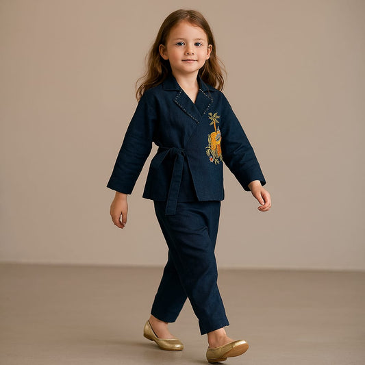 Pre Order: Animal Embroidered Front Overlap Shirt With Tie-Ups And Pant