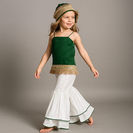 Pre Order: Elegant Green Strappy Lace Detailed Kurti With Tiered Sharara And Dupatta