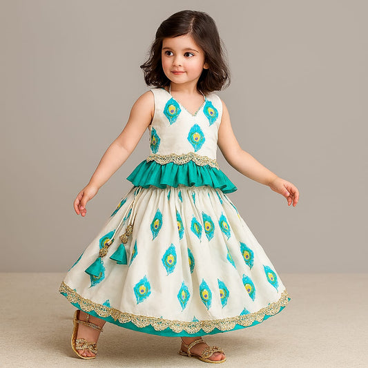 Pre Order: Mor Pankh Digital Print Top With Lehenga