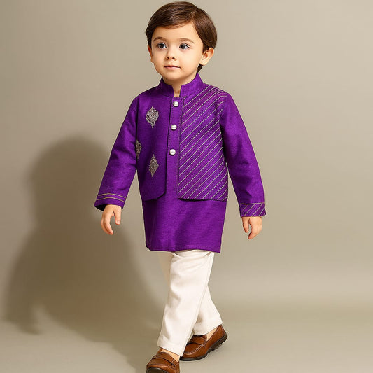 Pre Order: Purple Jacket Style Kurta With Off White Pyjama