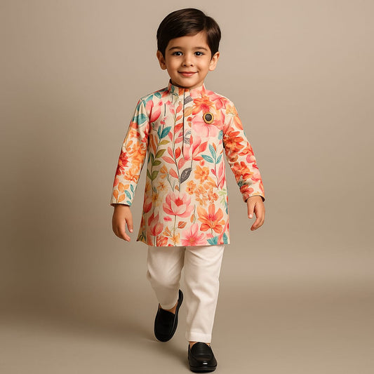 Pre Order: Floral Print Silk Kurta With Pyjama