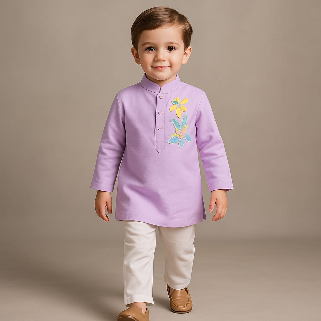 Pre Order: Floral Embroidered Lilac Kurta With Pyjama