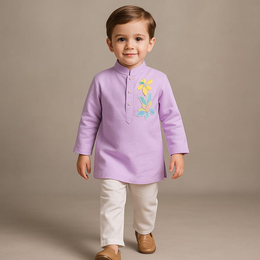 Pre Order: Floral Embroidered Lilac Kurta With Pyjama