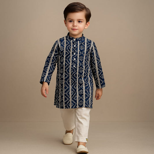 Pre Order: Bandhani Printed Cotton Kurta With Off White Pyjama