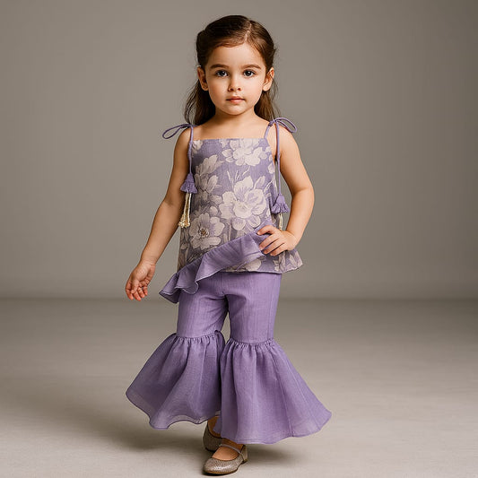 Pre Order: Beautiful Purple Floral Printed Ruffled Top With Sharara