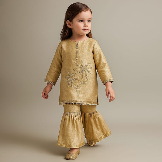 Pre Order: Stunning Beige Hand Embroidered Sheen Kurti With Sharara