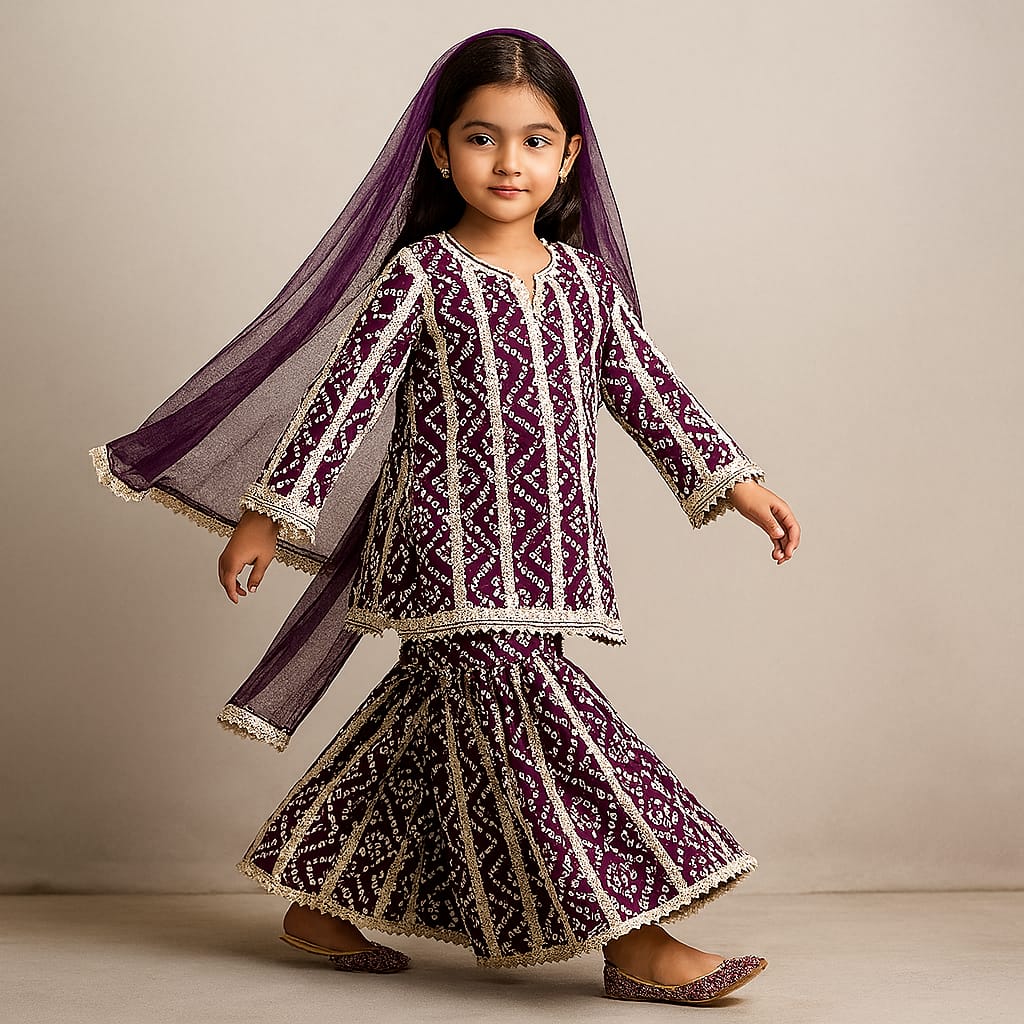 Pre Order: Bandhani Printed Lace Detailed Kurti With Sharara And Dupatta