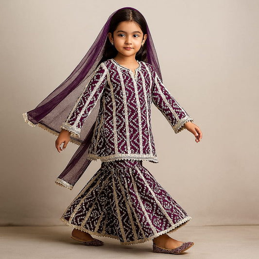 Pre Order: Bandhani Printed Lace Detailed Kurti With Sharara And Dupatta