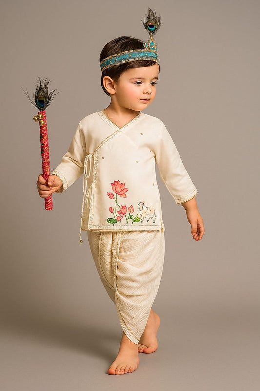 Pre Order: Floral Hand-Painted Off-White Kurta And Lurex Striped Dhoti