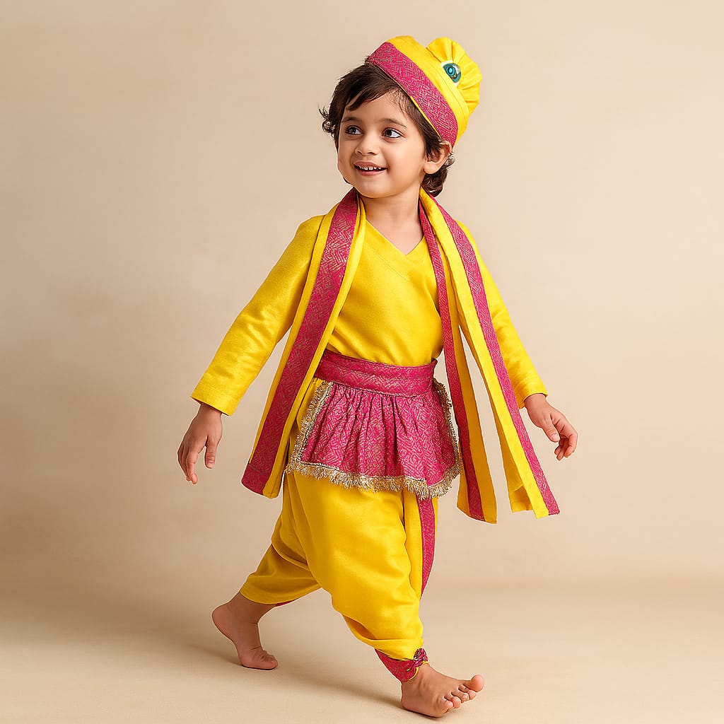 Pre Order: Brocade Flap-Enhanced Yellow Dhoti With Shawl