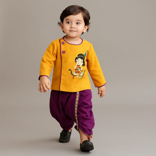 Pre Order: Hand-Embroidered Krishna Motif Angarkha Kurta With Purple Dhoti