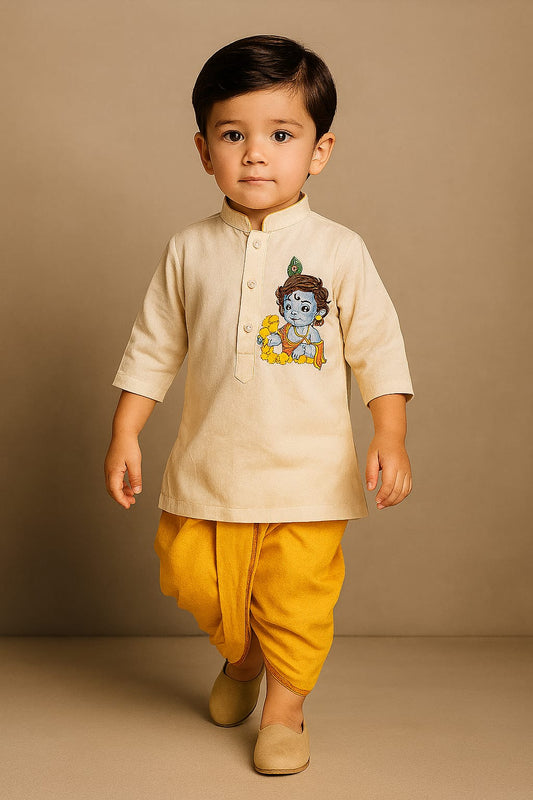 RTD Pre Order: Off White Hand Painted Kurta With Orange Pant