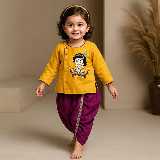 Pre Order: Hand-Embroidered Krishna Motif Angarkha Kurta With Purple Dhoti