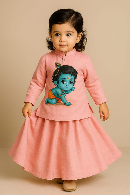 Pre Order: Baby Pink Krishna Top And Skirt