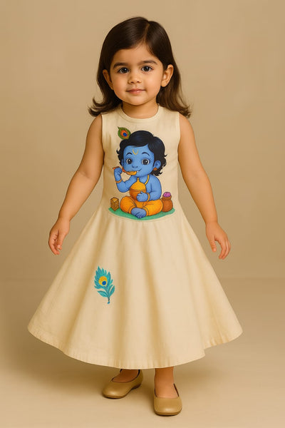 Pre Order: Off White Krishna Hand Painted Anarkali