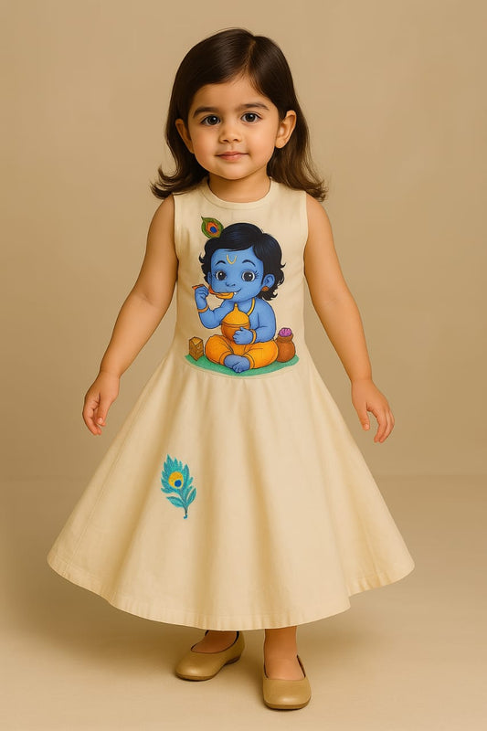 Pre Order: Off White Krishna Hand Painted Anarkali