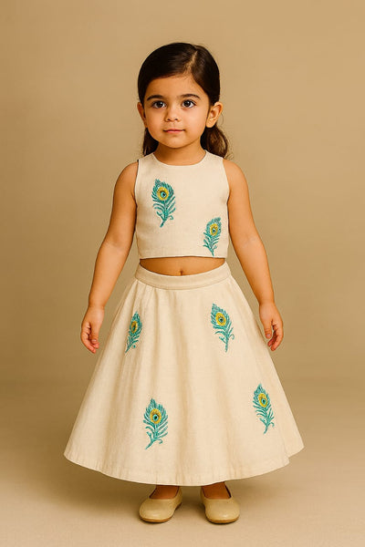 Pre Order: Off White Mor Pankh Hand Painted Lehenga