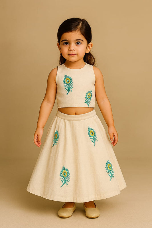 Pre Order: Off White Mor Pankh Hand Painted Lehenga