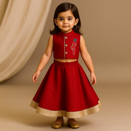 Pre Order: Krishna Hand Painted Red Top And Lehenga