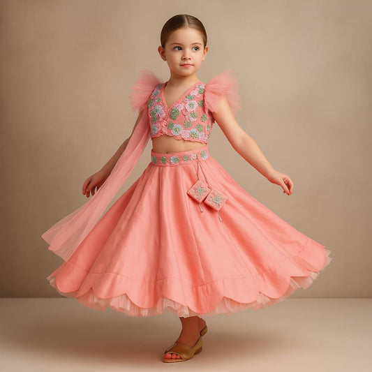 Pre Order: Silk Tie Knot Back Peach Top And Lehenga With Stylish Net Dupatta