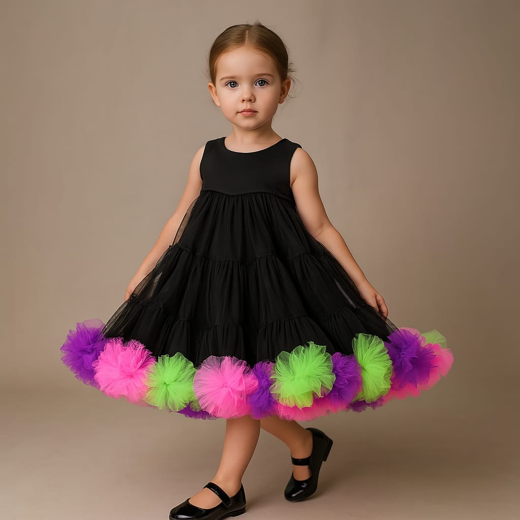 Pre Order: Black Dress With Multicolour Ruffled Hem
