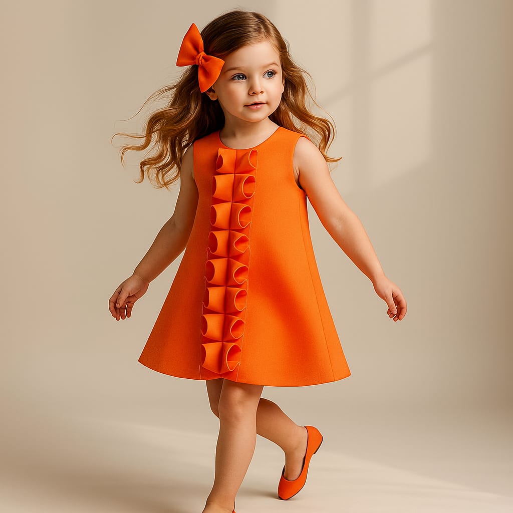 Pre Order: Pleated Ruffled Enhanced Orange Scuba Dress