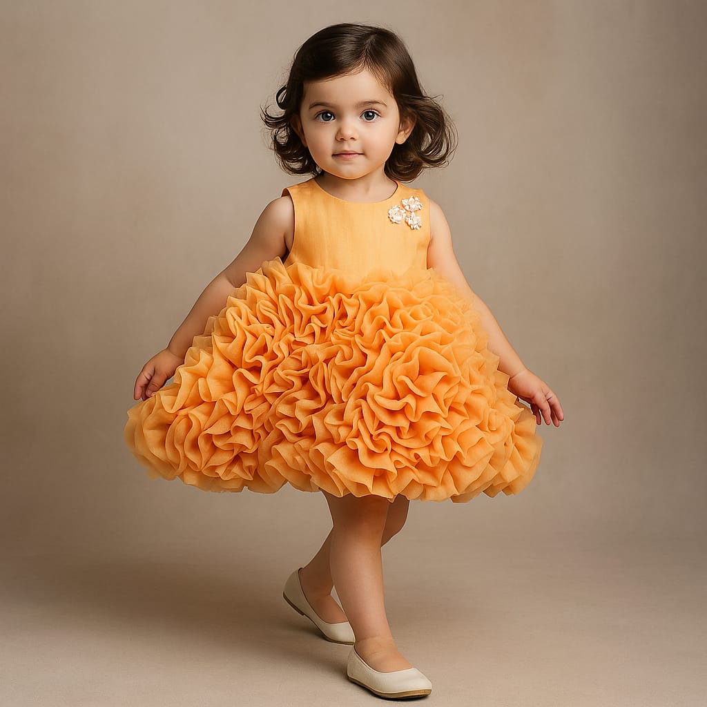 Pre Order: Organza Flowers Enhanced Orange Knee Length Dress